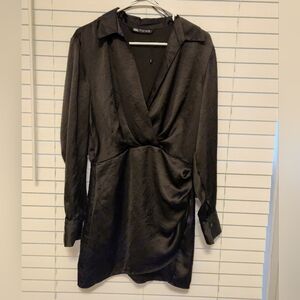 Zara Black Satin Long Sleeve Dress Size Medium